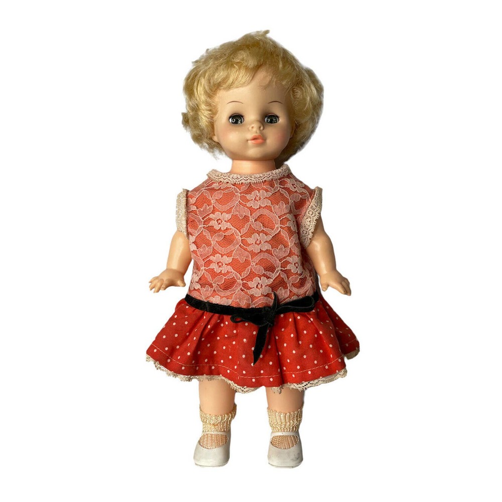 Vintage Horsman Blonde Curly Hair Vinyl Sleepy Eye Baby Doll Dress Shoes Socks